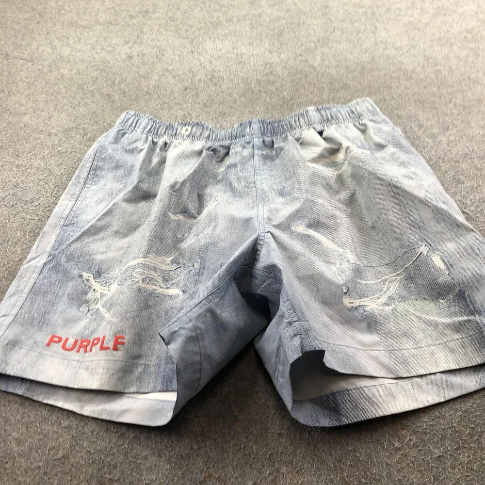 Purple Brand Swim Trunks Mens Medium Blue Distressed Denim Mesh Lined Shorts